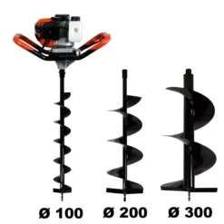 Tarière Thermique 52 Cm3, 3 Cv + Lot De 3 Mèches (100, 200 Et 300 Mm)