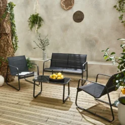 Salon De Jardin En Métal Et Textilène Pour 4 Personnes. Gris Foncé Et Noir. Design -Pas Cher Jardinoa Magasin 644675be8e3e59.89202633