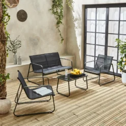 Salon De Jardin En Métal Et Textilène Pour 4 Personnes. Gris Foncé Et Noir. Design -Pas Cher Jardinoa Magasin 644675be970662.01262420