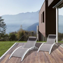 Baisao - Bain De Soleil Courbé Textilène Aluminium - Inclinable - Coussin De Tête - Léger Et Confortable - Taupe/blanc - X2 -Pas Cher Jardinoa Magasin 646d14a3a956c8.94118603