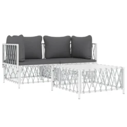 VIDAXL Salon De Jardin Avec Coussins 3 Pcs Blanc Acier -Pas Cher Jardinoa Magasin 6480d27f89e530.76411994