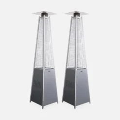 Lot De 2 Parasols Chauffants Gaz Pyramide. Gris Clair. Véritable Flamme. Roulettes Incluses