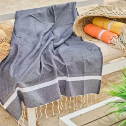 Fouta En Coton Tissage Nid D'abeille Spa 100x200cm Bleu Marine -Pas Cher Jardinoa Magasin 648b51ccd20e00.97423324