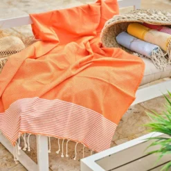 Fouta En Coton Tissage Nid D'abeille Ziwane 100x200cm Orange -Pas Cher Jardinoa Magasin 64991111278156.23583793